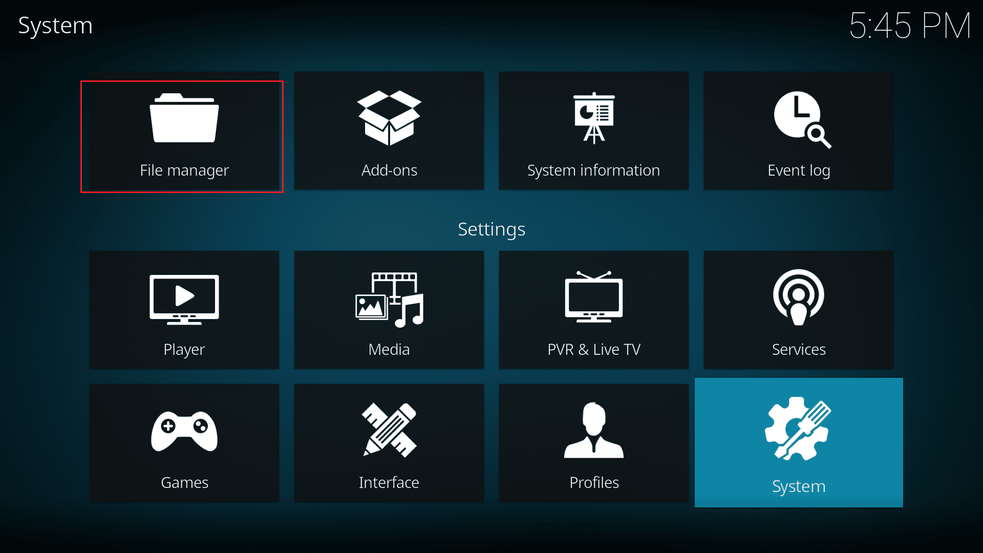 fai clic su File Manager nelle impostazioni di Kodi. Fix Kodi Impossibile connettersi al server di rete