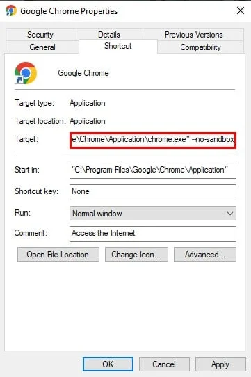 Proprietà di Google Chrome. Correggi l'errore hash immagine non valido dello stato di Google Chrome