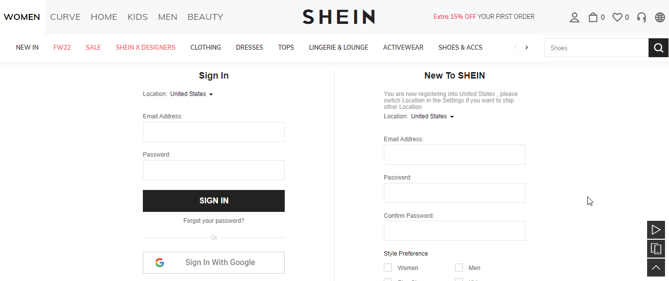 Inicie sesión en su cuenta Shein