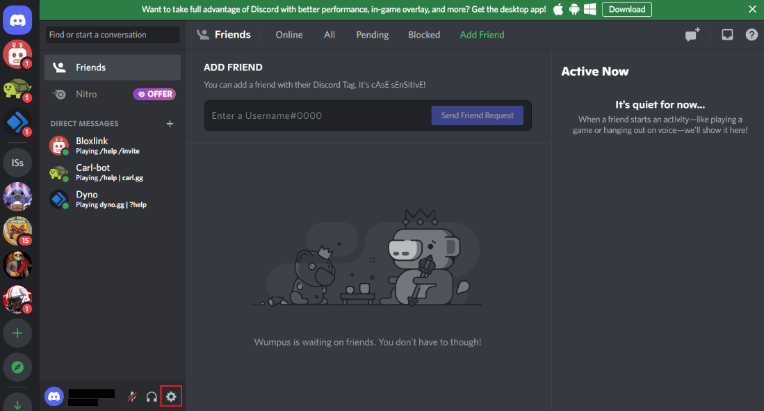 คลิกที่การตั้งค่าผู้ใช้ 9 วิธีแก้ไข Discord Krisp ไม่ทำงาน