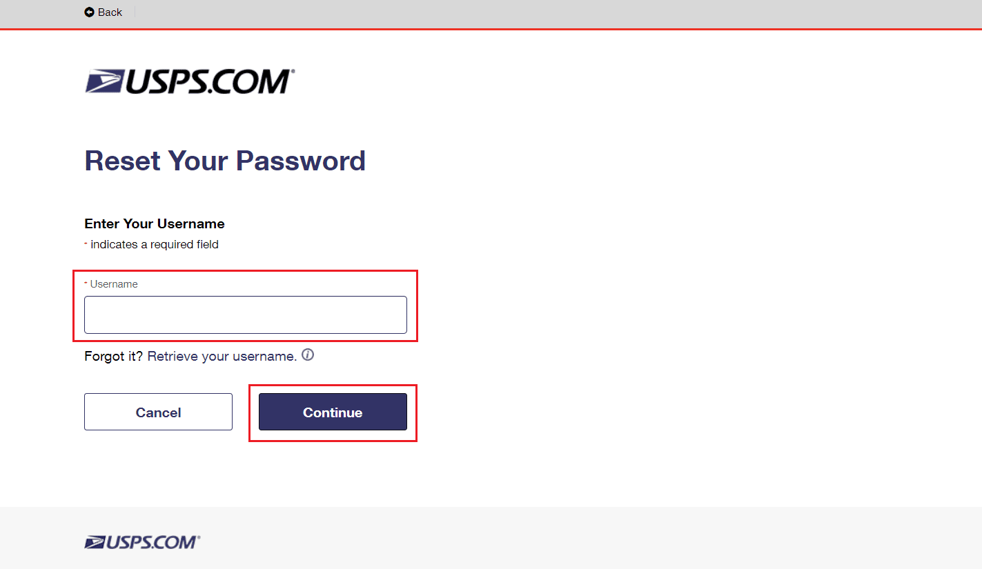 Ingrese su nombre de usuario y haga clic en Continuar | Cómo reactivar la cuenta de USPS.com