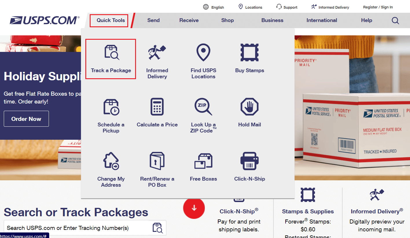 Pase el cursor sobre la opción Herramientas rápidas y haga clic en Rastrear un paquete | Cómo reactivar la cuenta de USPS.com