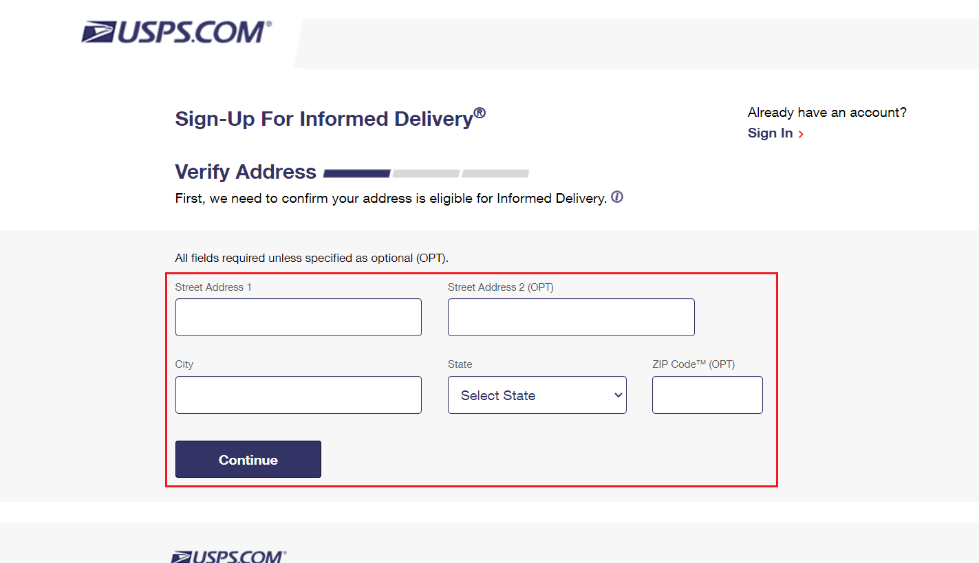 Escriba su dirección postal y verifíquela para que el programa determine si puede enviar fotos de su correo que pronto llegará a esa dirección | Cómo reactivar la cuenta de USPS.com