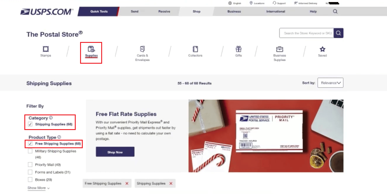 elija Suministros de envío en la sección Categoría y Suministros de envío gratis en la categoría Tipo de producto | restablecer contraseña o cambiar nombre de usuario en USPS.com