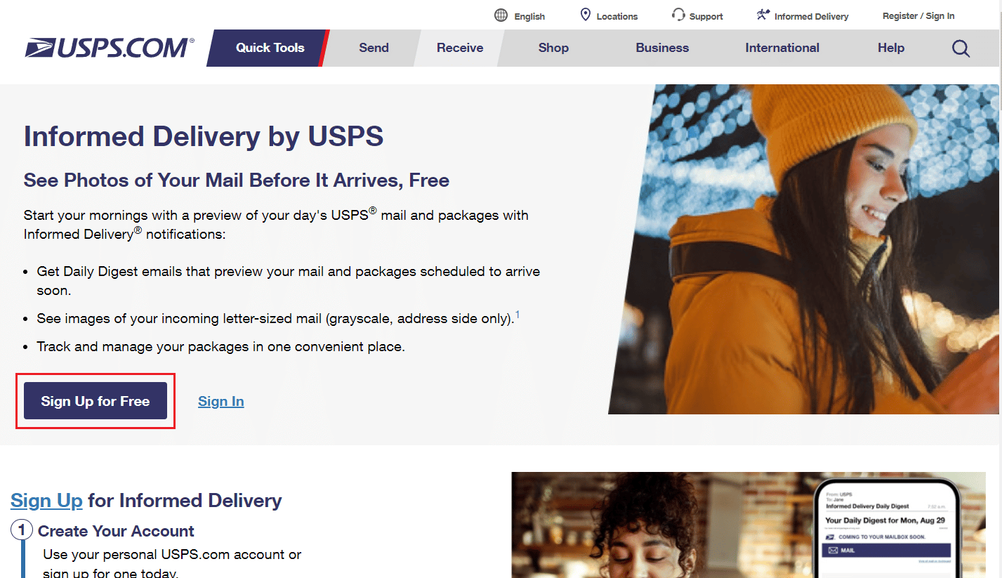 Haga clic en Regístrate gratis | restablecer contraseña o cambiar nombre de usuario en USPS.com