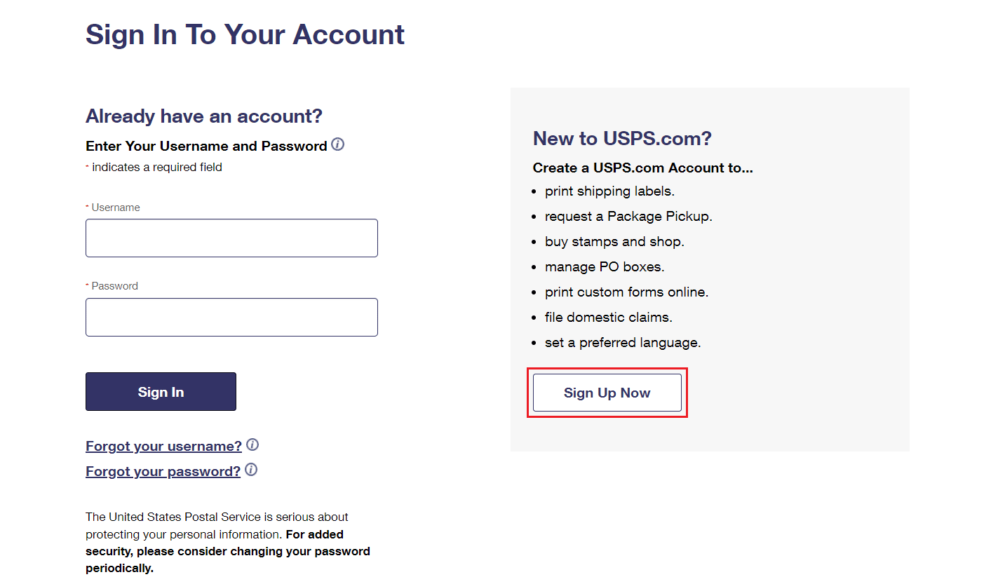 Visite la página de inicio de sesión de USPS.com - haga clic en Registrarse ahora