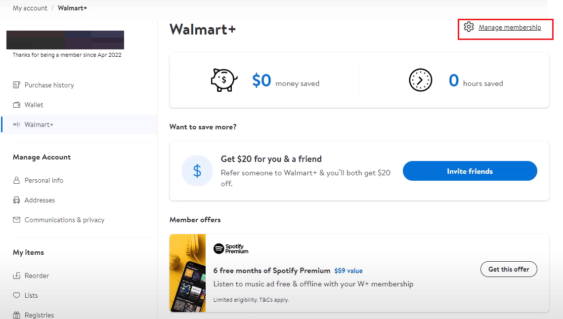 Walmart+ จัดการการเป็นสมาชิก