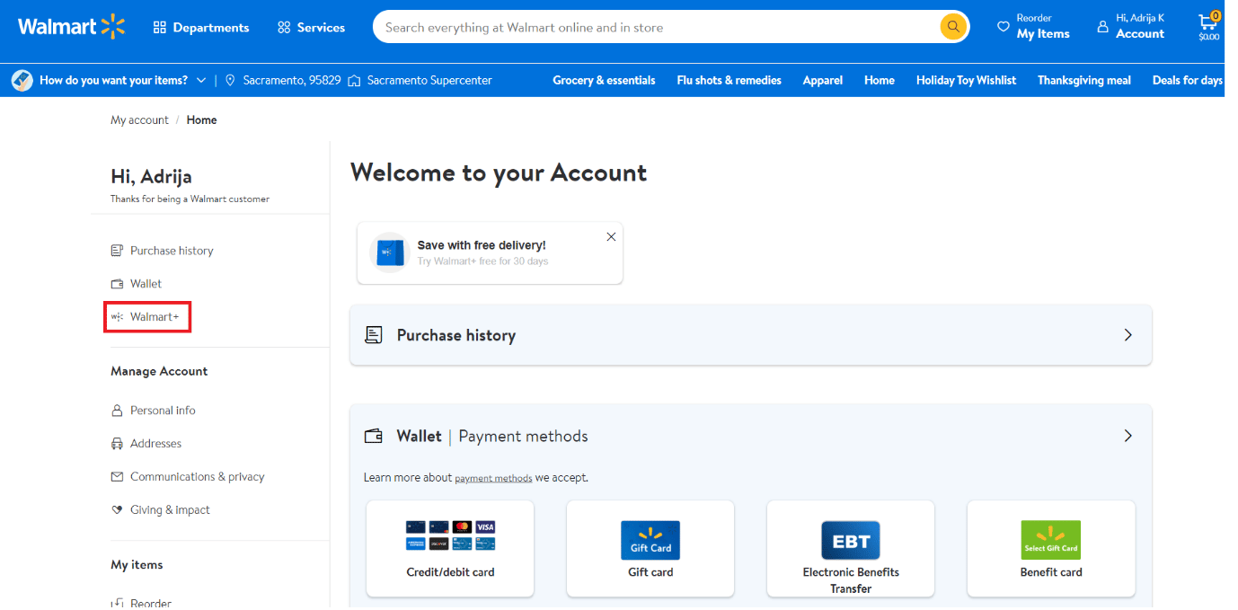 คลิกที่ตัวเลือก Walmart+ | วิธียกเลิกการสมัครสมาชิก Walmart Plus