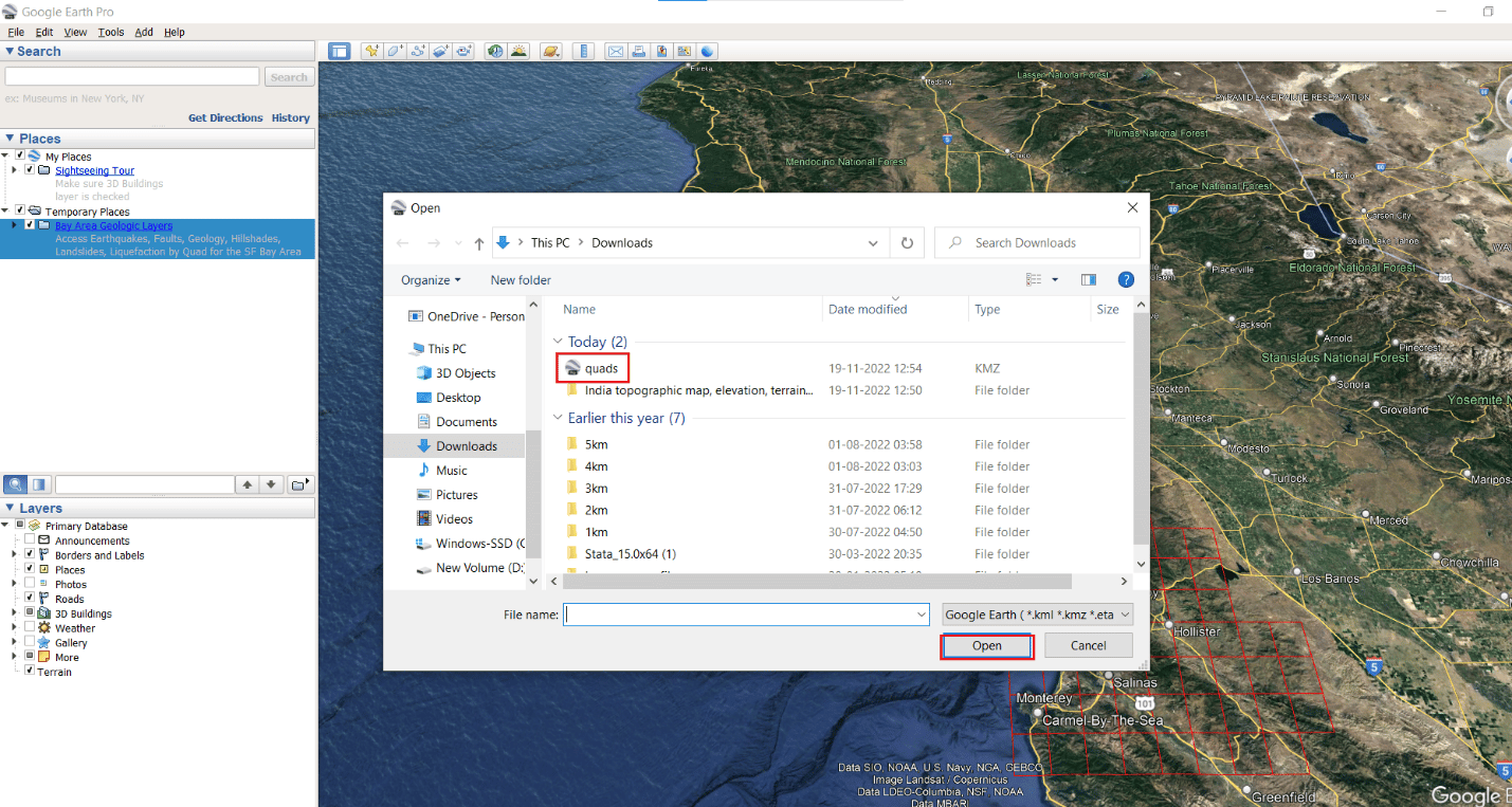 Abra el archivo descargado | mostrar contornos de elevación en Google Earth