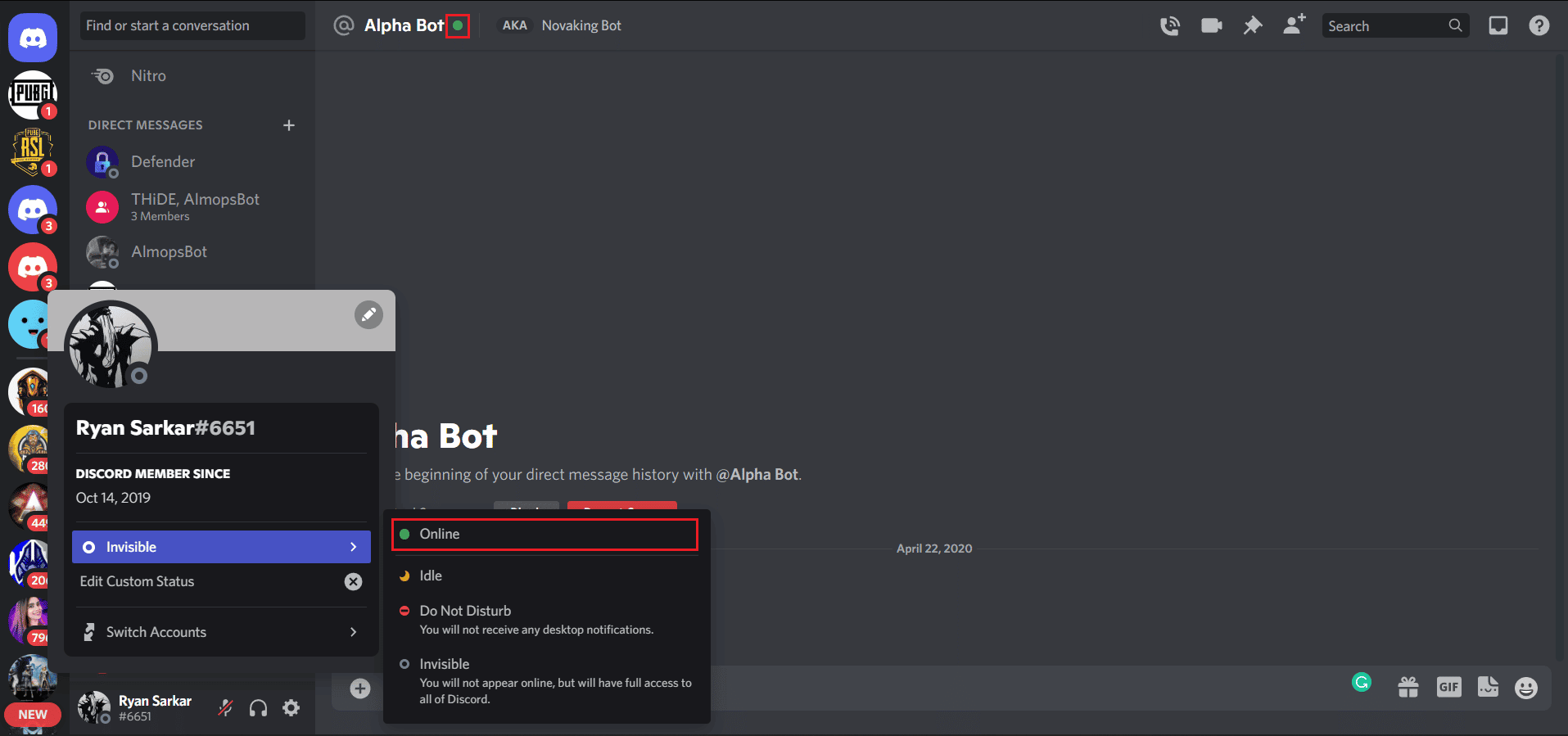 Discord bietet Ihnen vier Optionen bezüglich Ihres Aktivitätsstatus. Dies kann von jedem eingesehen werden, der nach Ihrem Namen oder Ihrer Tag-ID sucht