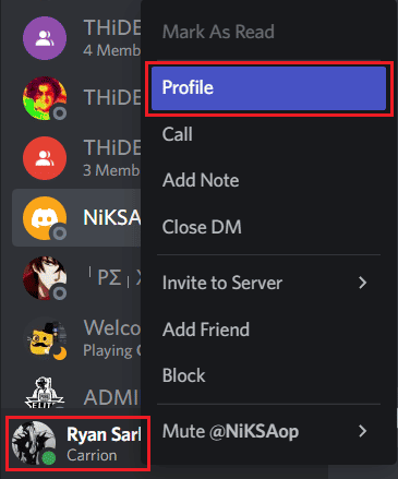 Klicken Sie in Ihrem Discord-Konto mit der rechten Maustaste auf das Symbol des gewünschten Discord-Benutzers und klicken Sie auf Profil