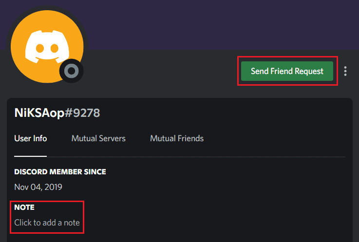 Speichern Sie eine NOTIZ über die Person, falls Sie sie erneut besuchen möchten, oder senden Sie ihr eine Freundschaftsanfrage, indem Sie auf Freundschaftsanfrage senden | klicken So erscheinen Sie offline auf einem Server in Discord
