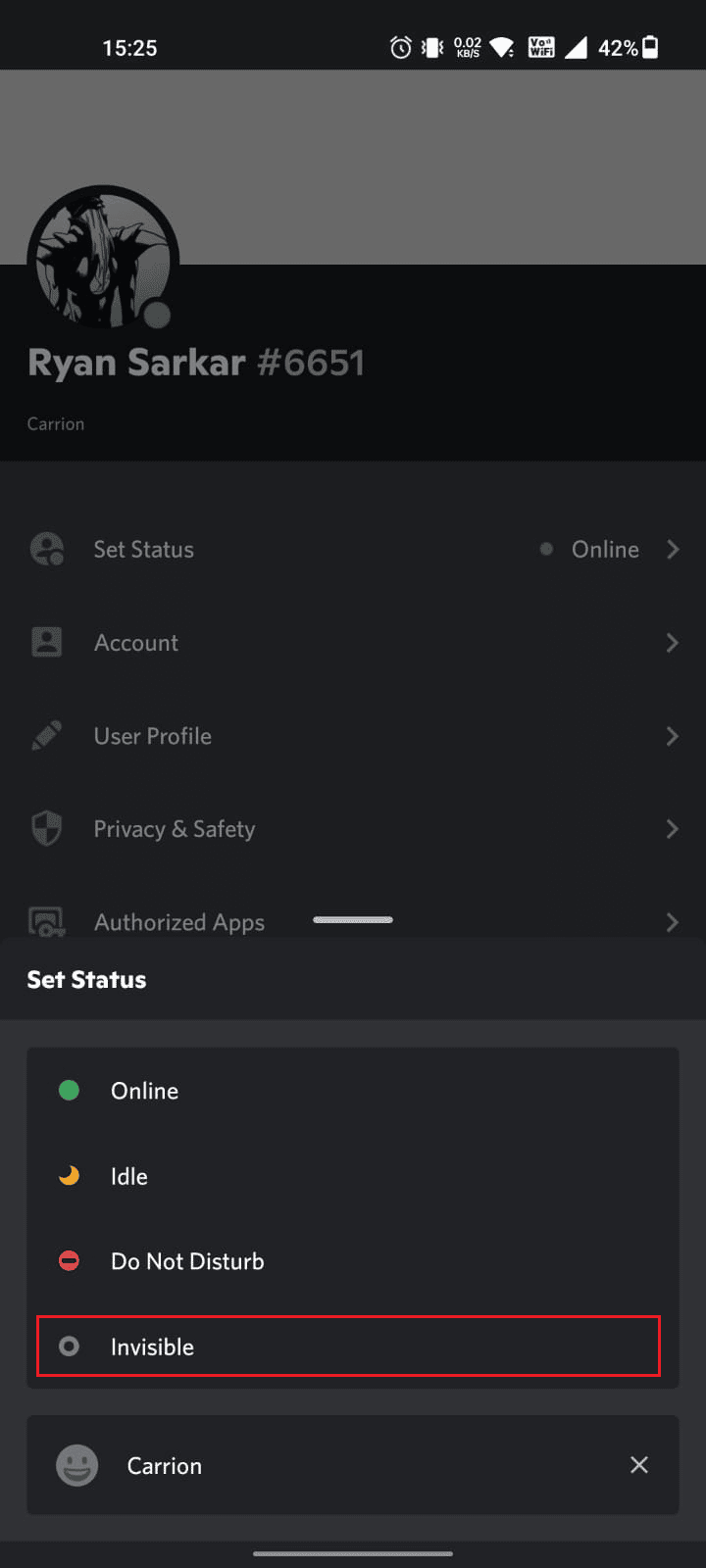Tippe im Popup-Menü auf Unsichtbar, um auf Discord | offline zu erscheinen So erscheinen Sie offline auf einem Server in Discord