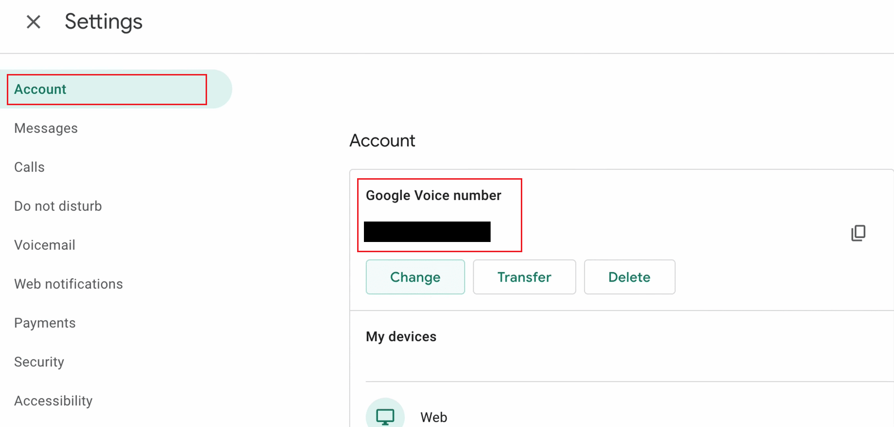 Zobaczysz swój numer telefonu w sekcji Numer Google Voice na karcie Konto | Jak wyszukać numer telefonu Google Voice