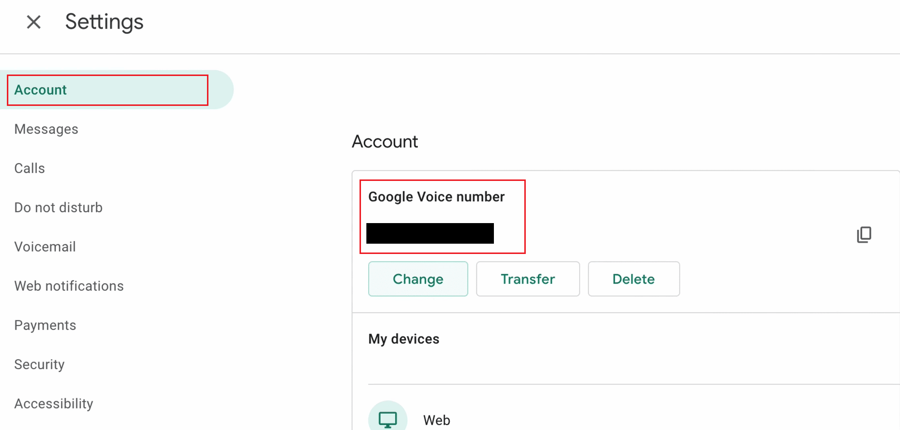 계정 탭의 Google 보이스 번호 섹션 아래에 전화번호가 표시됩니다. | 구글 보이스 전화번호 조회 방법