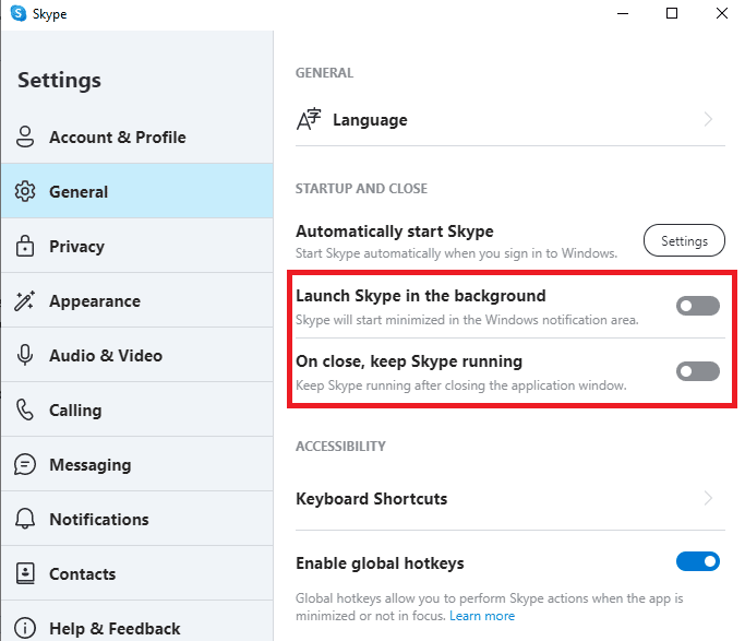 disattiva gli interruttori per Avvia Skype in background e alla chiusura, mantieni Skype in esecuzione