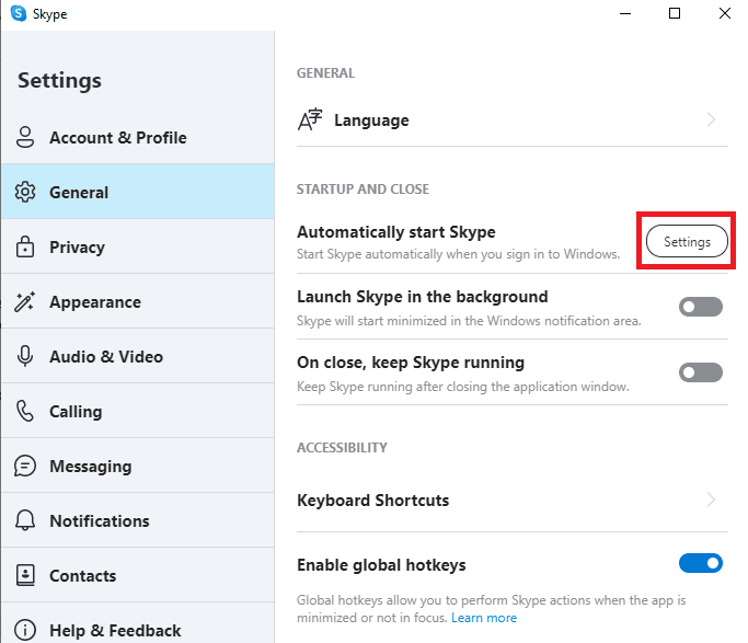 Clique no botão Configurações para iniciar o Skype automaticamente. Como impedir que o Skype silencie outros sons