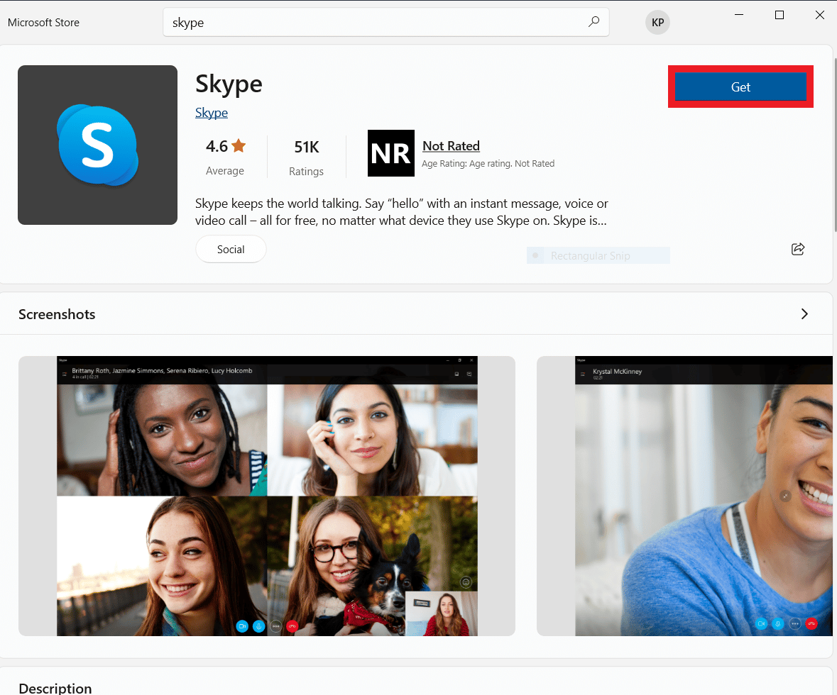 Suchen Sie nach Skype und klicken Sie auf die Schaltfläche Get, um die Anwendung zu installieren. So verhindern Sie, dass Skype andere Töne stumm schaltet