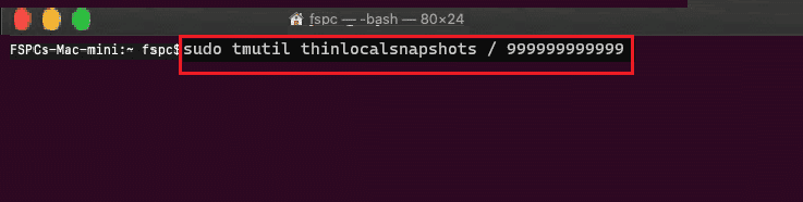 Mac ターミナルで sudo tmutil thinlocalsnapshots コマンドを実行します。 Boot Camp アシスタントの容量不足エラーを修正