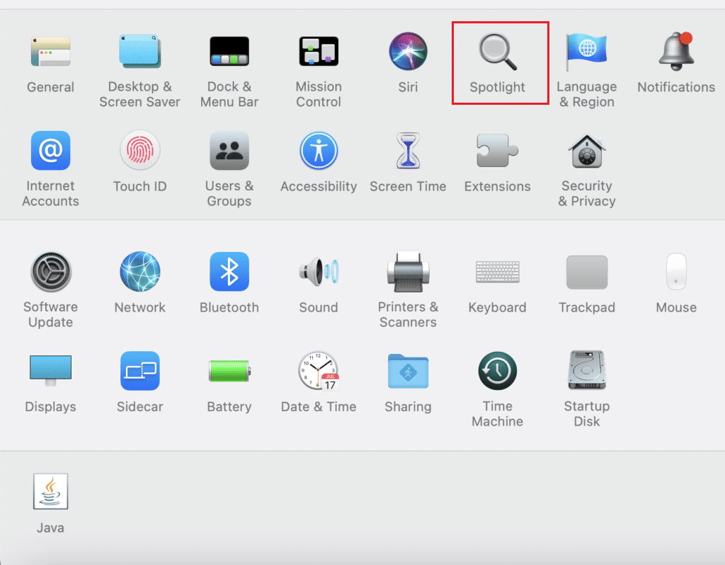 kliknij Spotlight w preferencjach systemowych na komputerze Mac