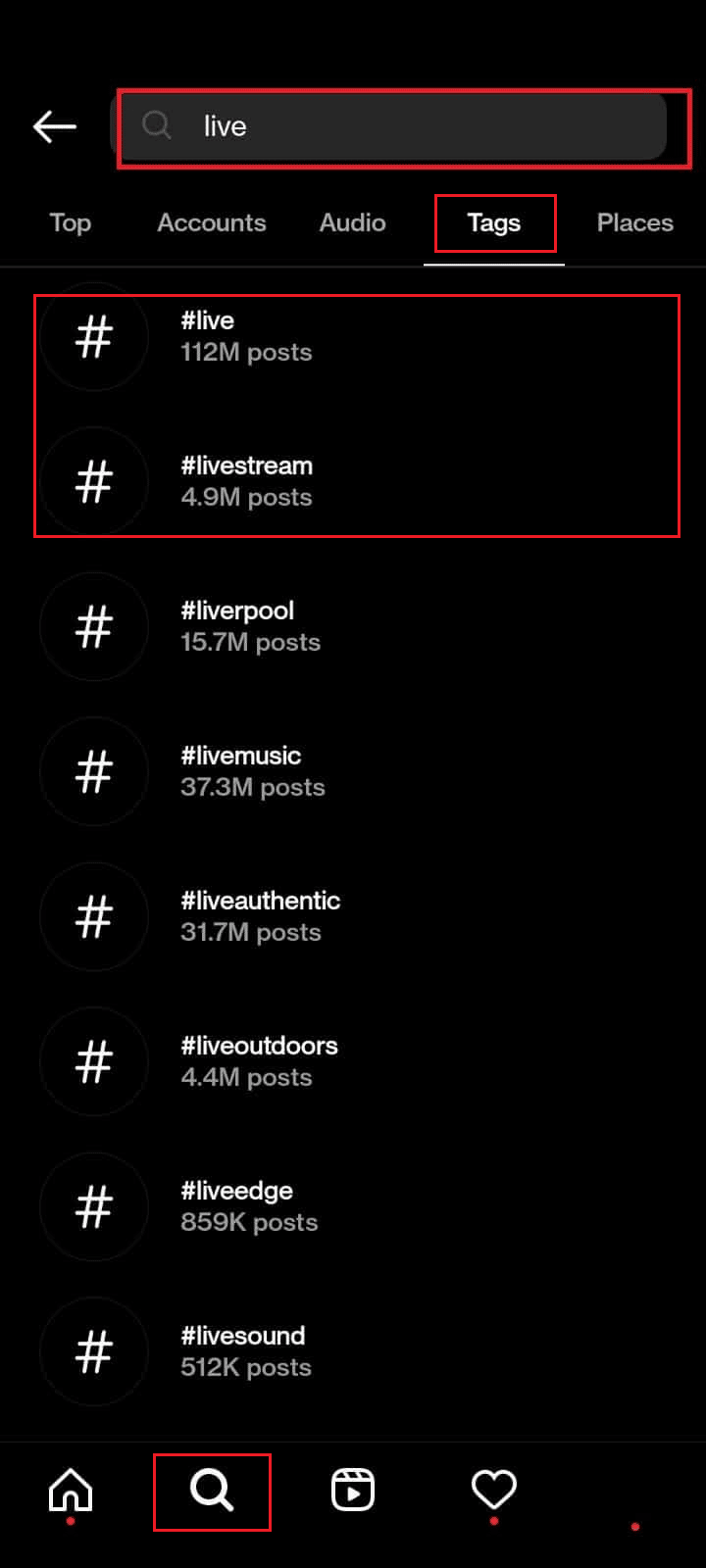 IG 앱 - 검색 탭 - 태그 탭 - 검색창의 라이브 또는 라이브스트림 - 검색 결과 | Instagram에서 임의의 삶을 찾는 방법