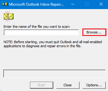Microsoft Outlook修復スキャンpstファイルの参照