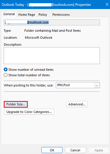 opcja rozmiaru folderu we właściwościach pliku danych programu Outlook dzisiaj