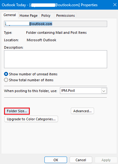 ตัวเลือกขนาดโฟลเดอร์ในคุณสมบัติของไฟล์ข้อมูล Outlook วันนี้