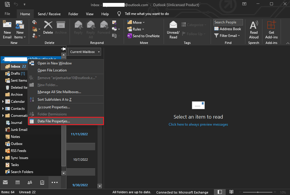 propriétés du fichier de données Outlook