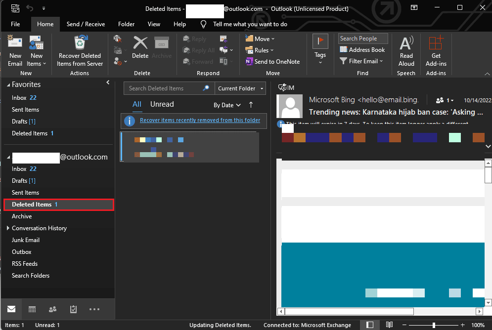 dossier des éléments supprimés de outlook