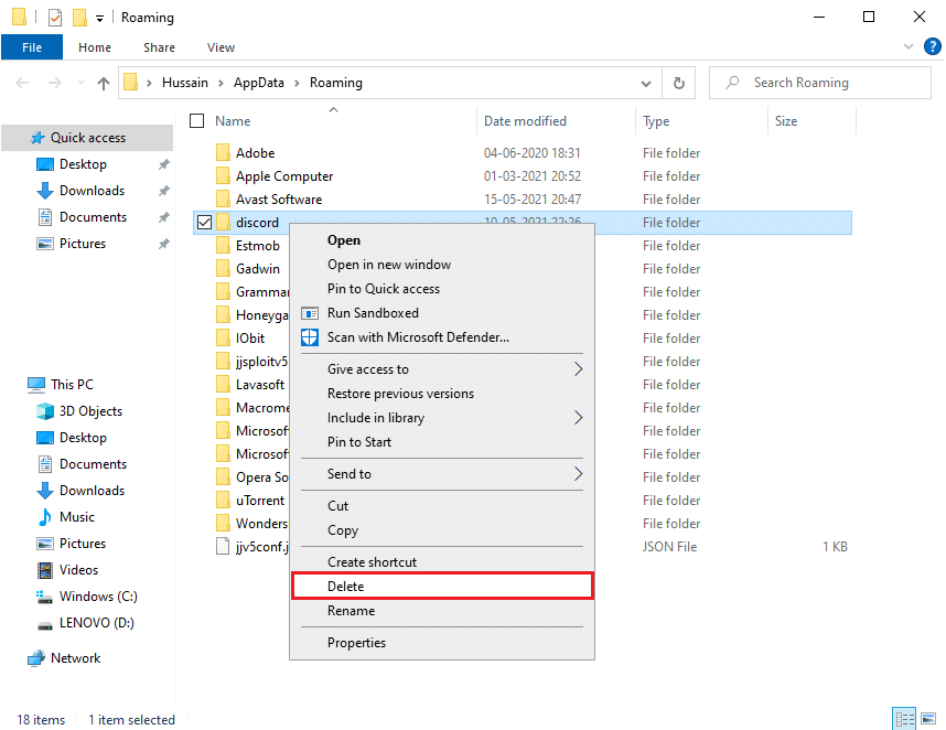 Kliknij prawym przyciskiem myszy folder niezgody i wybierz usuń. 7 najlepszych poprawek błędu Discord 1006 w systemie Windows 10