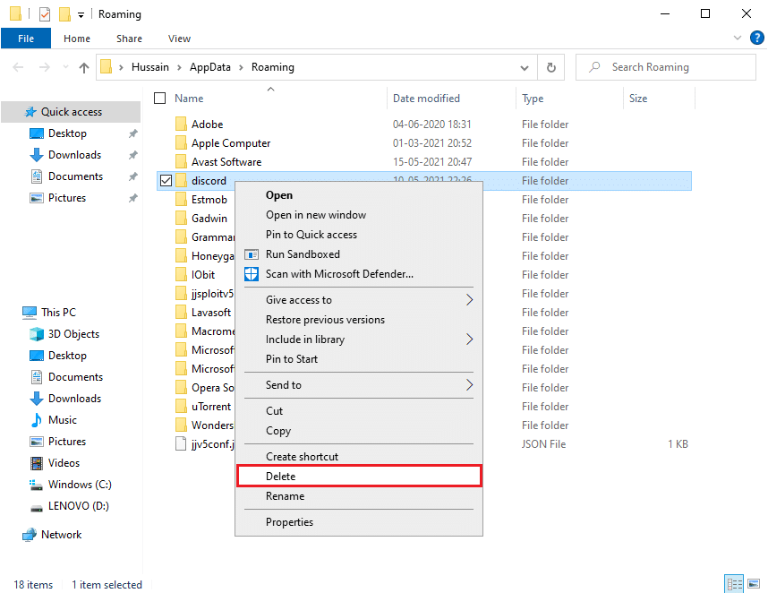 انقر بزر الماوس الأيمن على مجلد الخلاف وحدد حذف. أفضل 7 إصلاحات لخطأ Discord 1006 على نظام التشغيل Windows 10