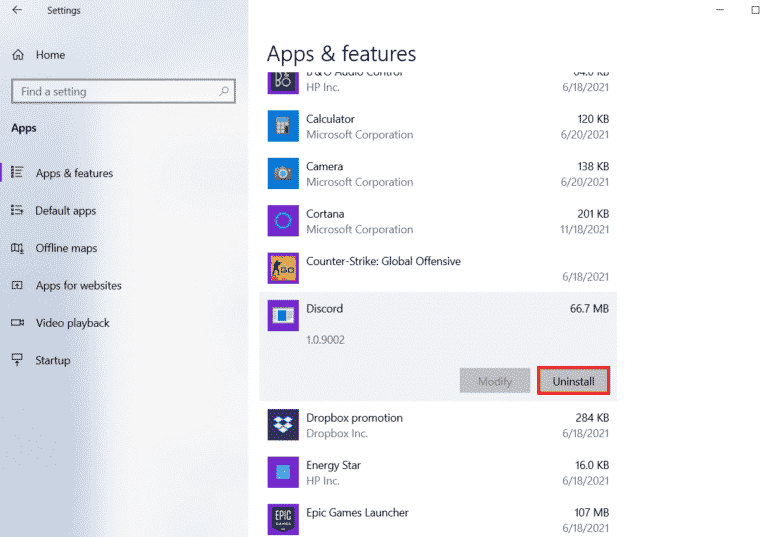 Temukan Discord dan klik untuk Uninstall