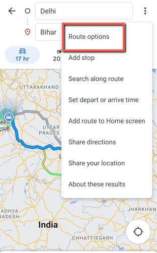 Tippen Sie auf Routenoptionen