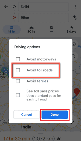 Atingeți caseta Evitați drumurile cu taxă - Terminat pentru a o selecta | Cum să dezactivați taxele pe Google Maps