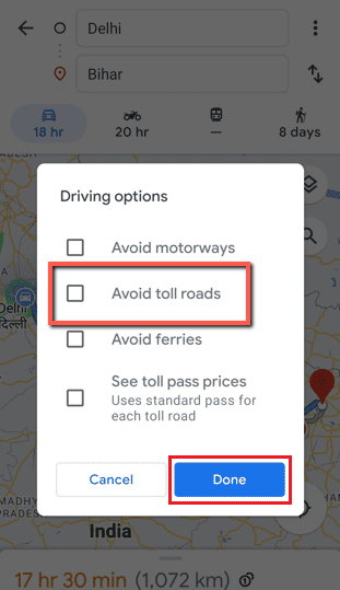 유료 도로 피하기 - 완료 상자를 탭하여 선택 | Google 지도에서 통행료를 끄는 방법
