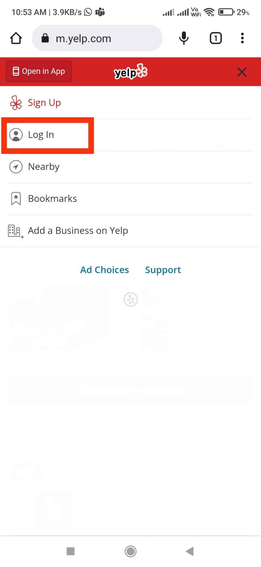 Appuyez sur le bouton de connexion. | Comment créer un compte sur Yelp