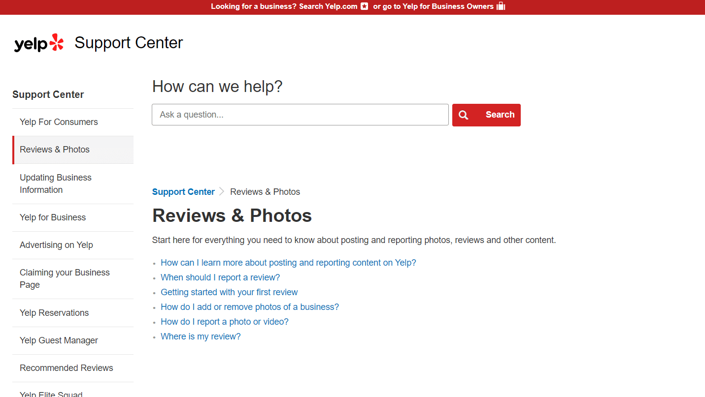 Yelp Reviews & Photos Support-Center-Seite