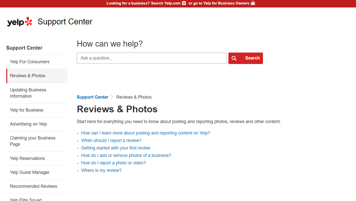 Halaman Pusat Dukungan Ulasan & Foto Yelp