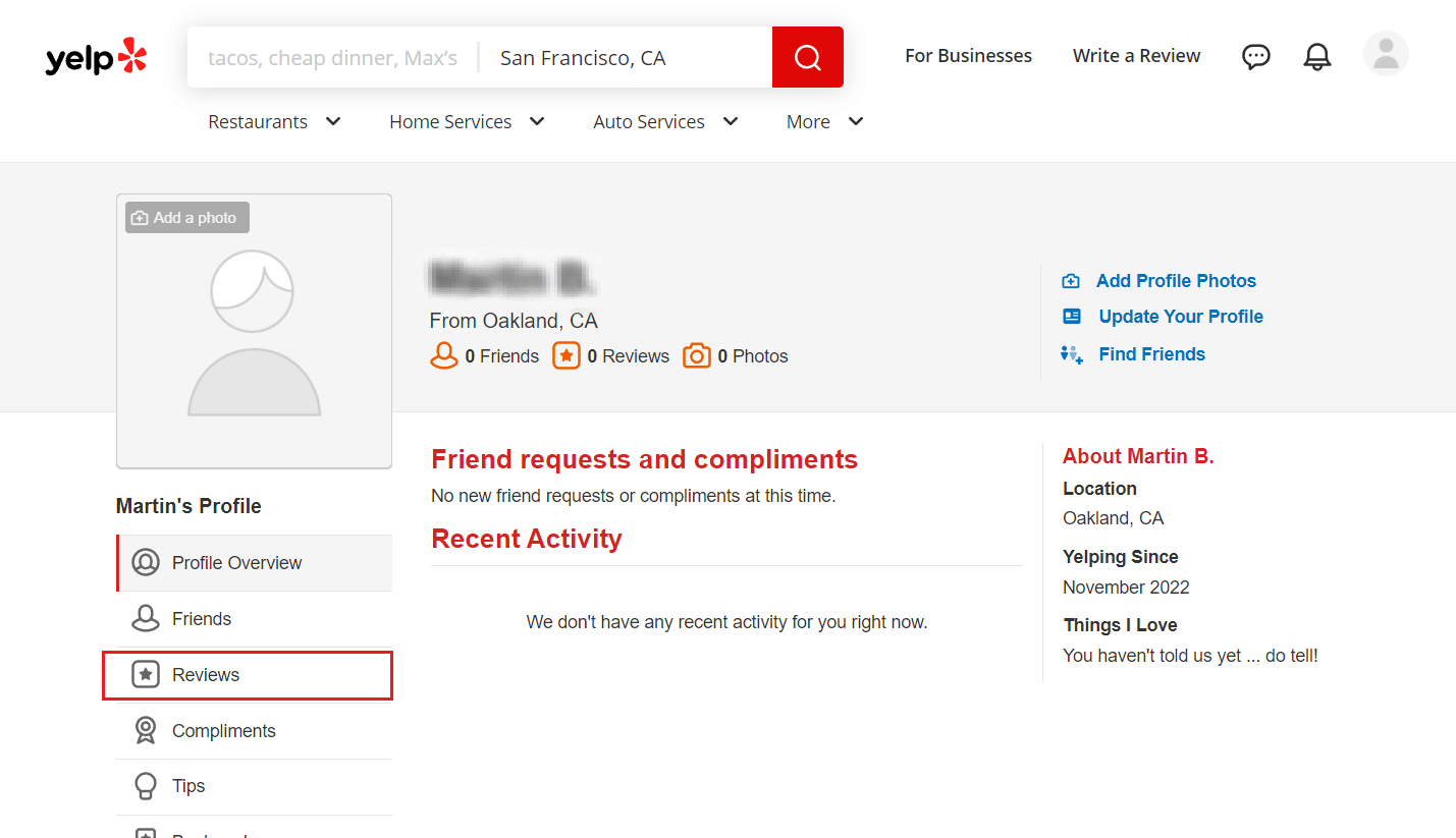 Faceți clic pe opțiunea Recenzii din panoul din stânga pentru a vedea toate recenziile pe care le-ați postat pe contul dvs. Yelp | Cum se creează un cont pe Yelp