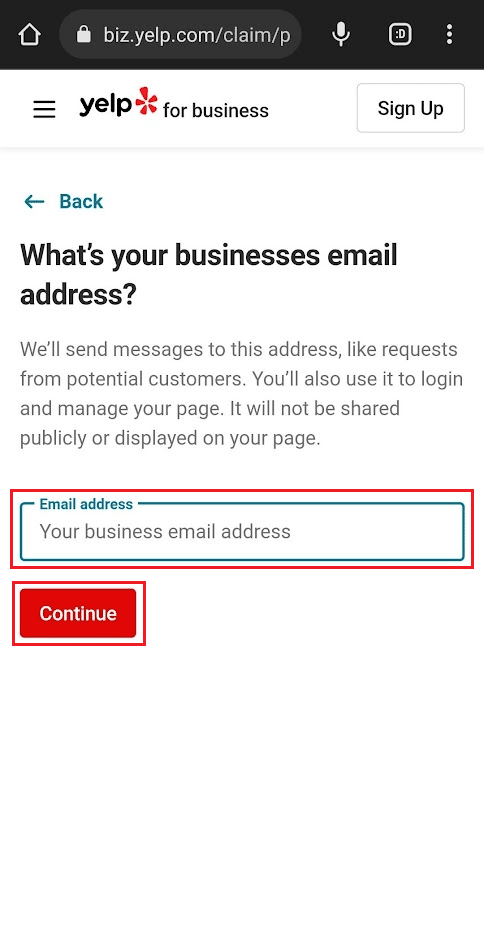 Introduceți adresa de e-mail a companiei dvs. și apăsați pe Continuare | Cum se creează un cont pe Yelp