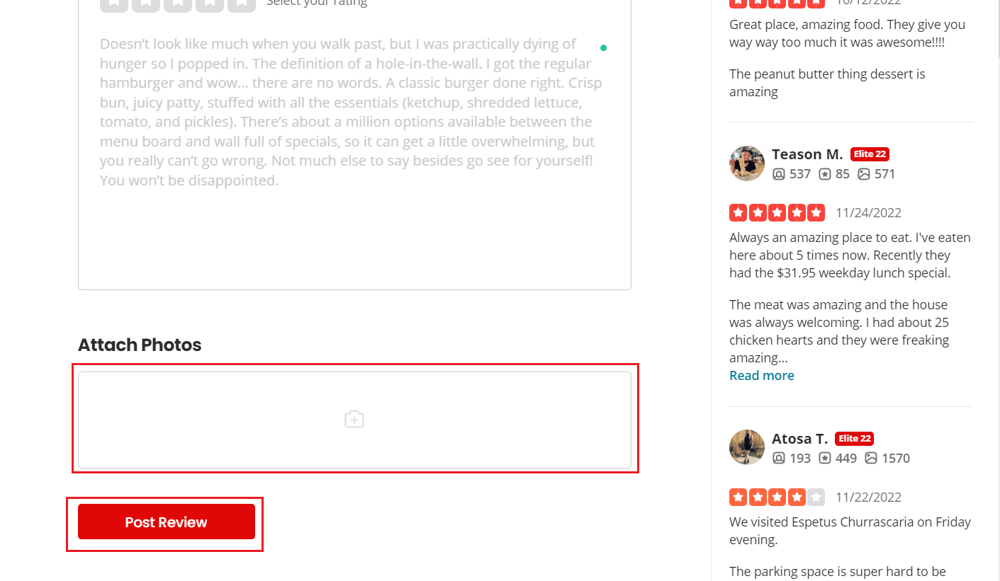 Klicken Sie auf das Kästchen Fotos anhängen, um Fotos zu durchsuchen und hinzuzufügen – Post Review | So erstellen Sie ein Konto auf Yelp