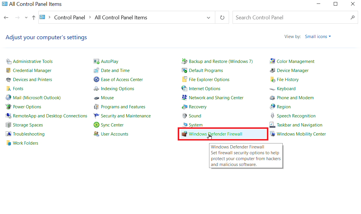 haga clic en el cortafuegos de Windows Defender