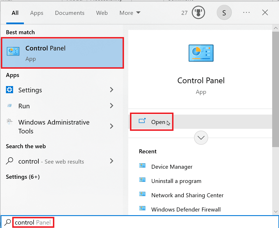 panel de control abierto