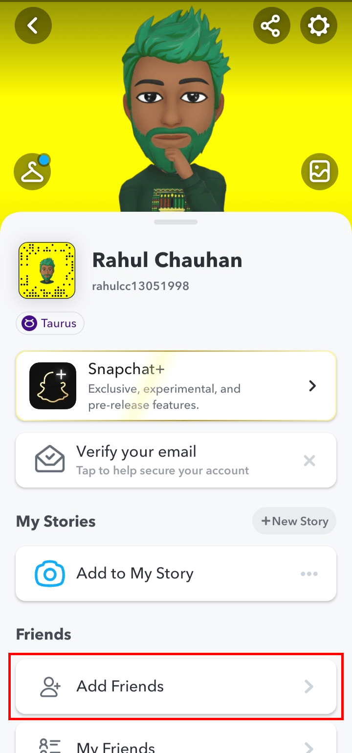 Toque na opção Adicionar amigos. | Como desbloquear alguém no Snapchat e adicioná-lo de volta