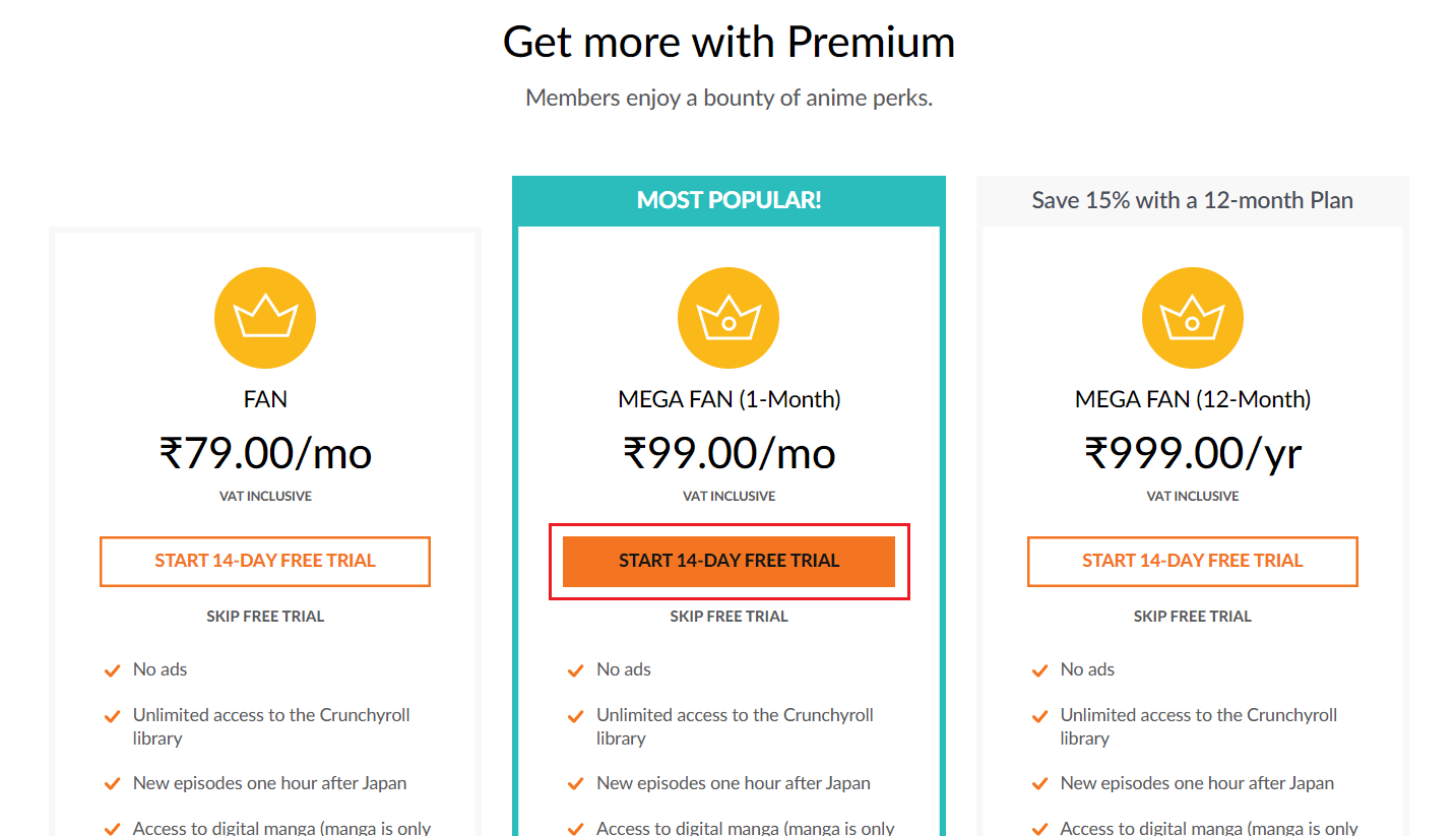 klik MULAI UJI COBA GRATIS 14 HARI untuk paket yang diinginkan | Crunchyroll beberapa profil pengguna | tonton Crunchyroll di banyak perangkat