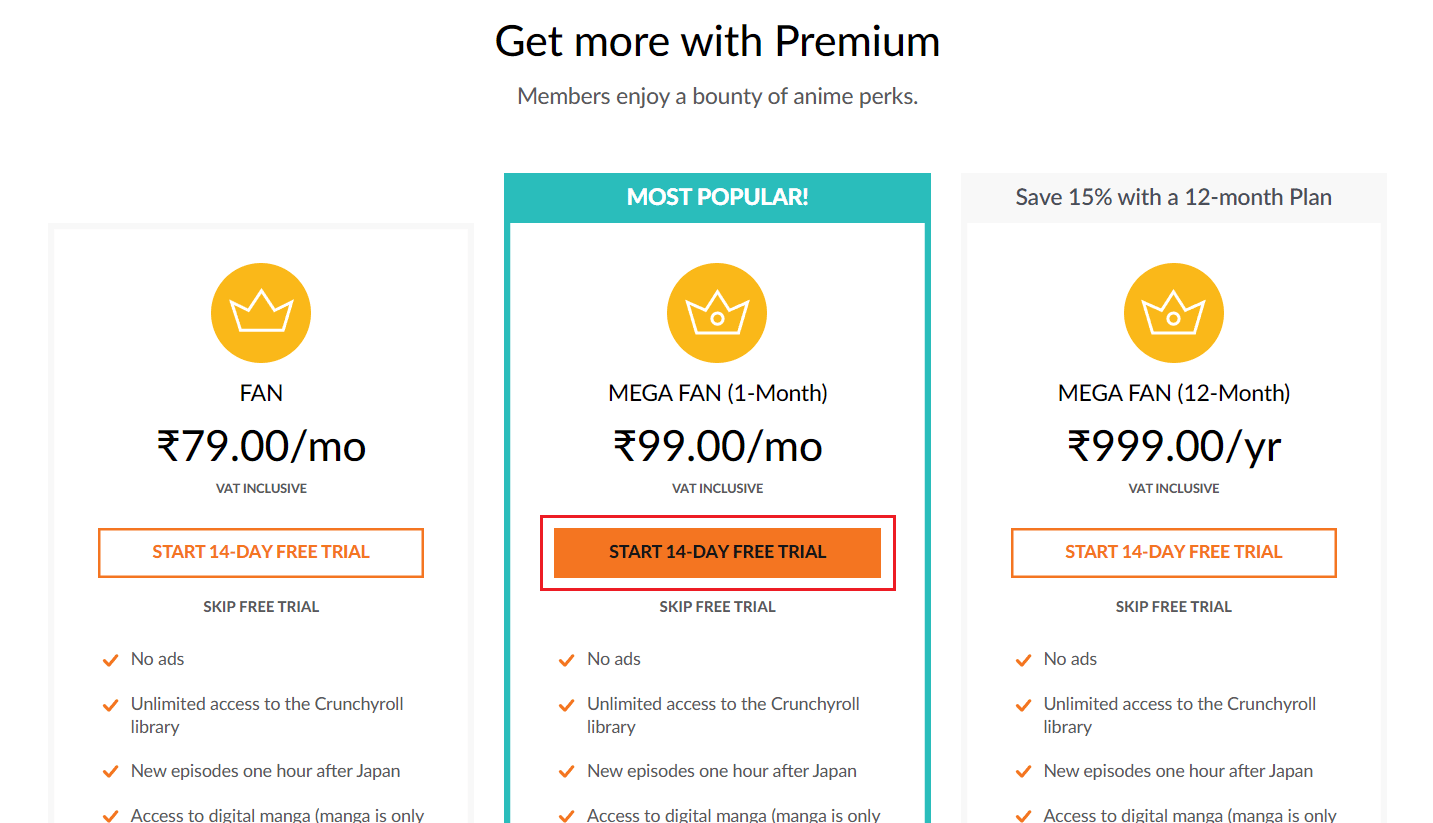 haga clic en INICIAR PRUEBA GRATUITA DE 14 DÍAS para el plan deseado | Crunchyroll múltiples perfiles de usuario | ver Crunchyroll en múltiples dispositivos