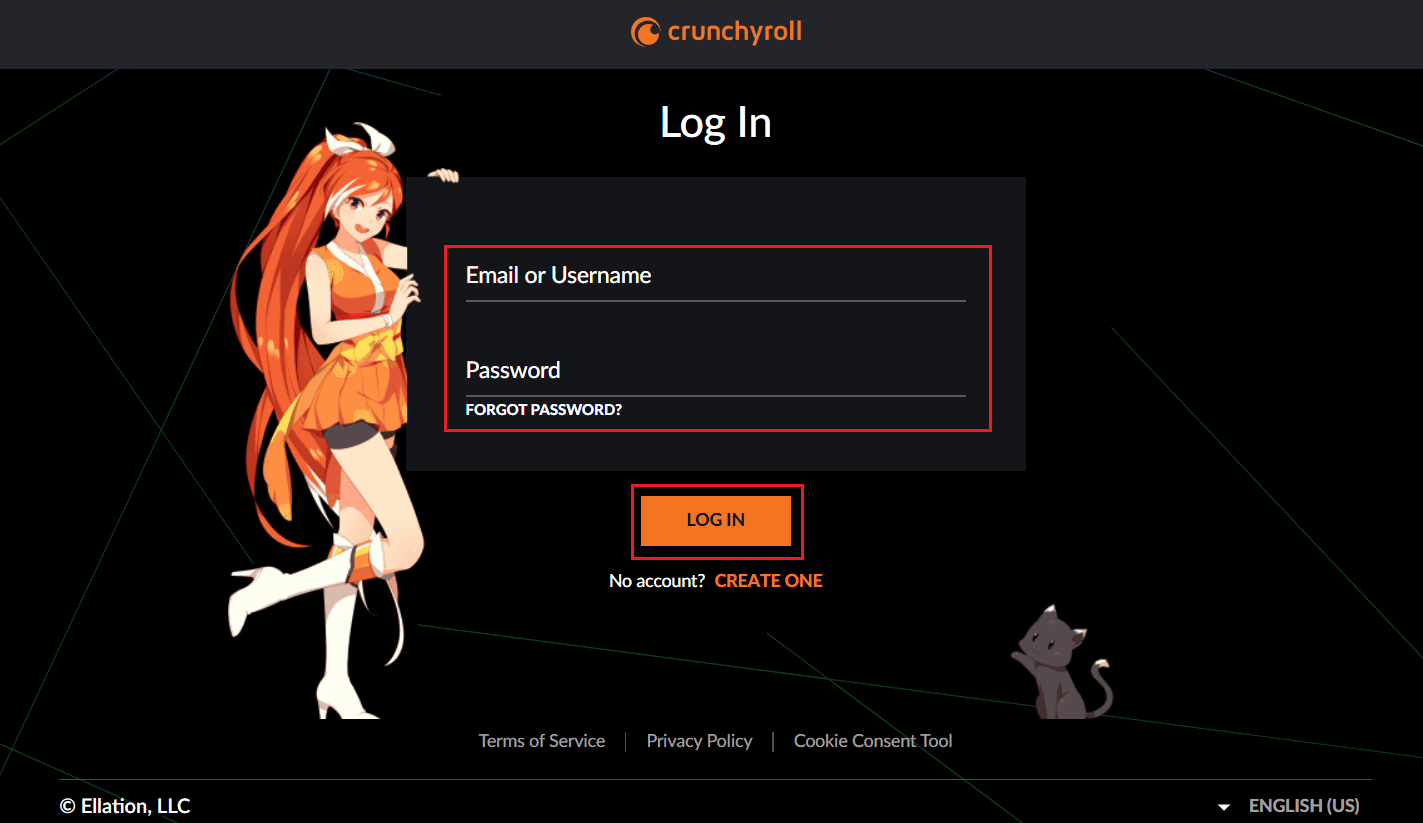 Digite seu e-mail e senha cadastrados e clique em LOG IN | O que é compartilhamento de conta Crunchyroll?