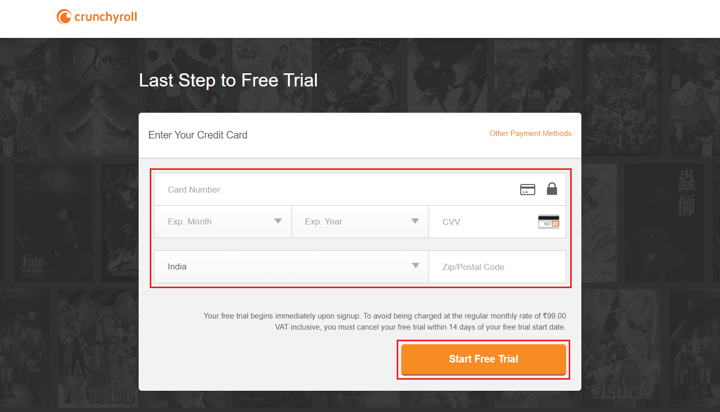 信用卡详细信息和 ZIP 邮政编码 - 开始免费试用 |什么是 Crunchyroll 帐户共享？ |在多个设备上观看 Crunchyroll