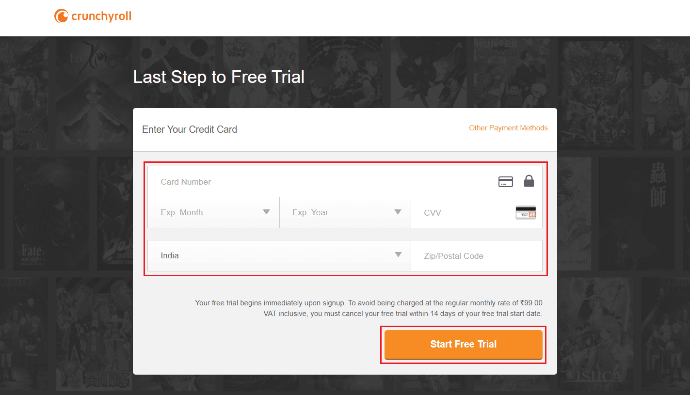 detalles de la tarjeta de crédito y código postal ZIP - Iniciar prueba gratuita | ¿Qué es el uso compartido de cuentas de Crunchyroll? | ver Crunchyroll en múltiples dispositivos